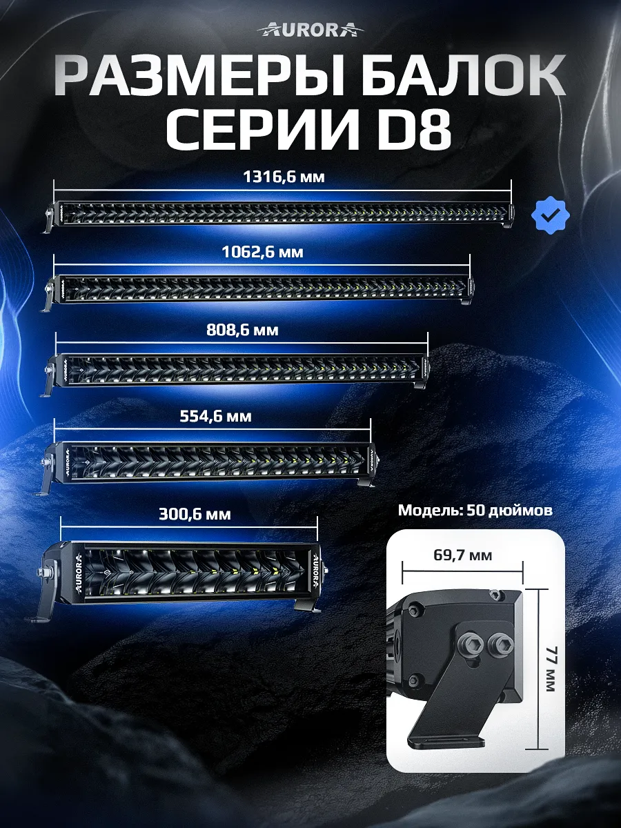 СВЕТОДИОДНАЯ БАЛКА 50" ДВУХРЯДНАЯ ДАЛЬНЕГО СВЕТА AURORA D8 C RGB МОДУЛЕМ