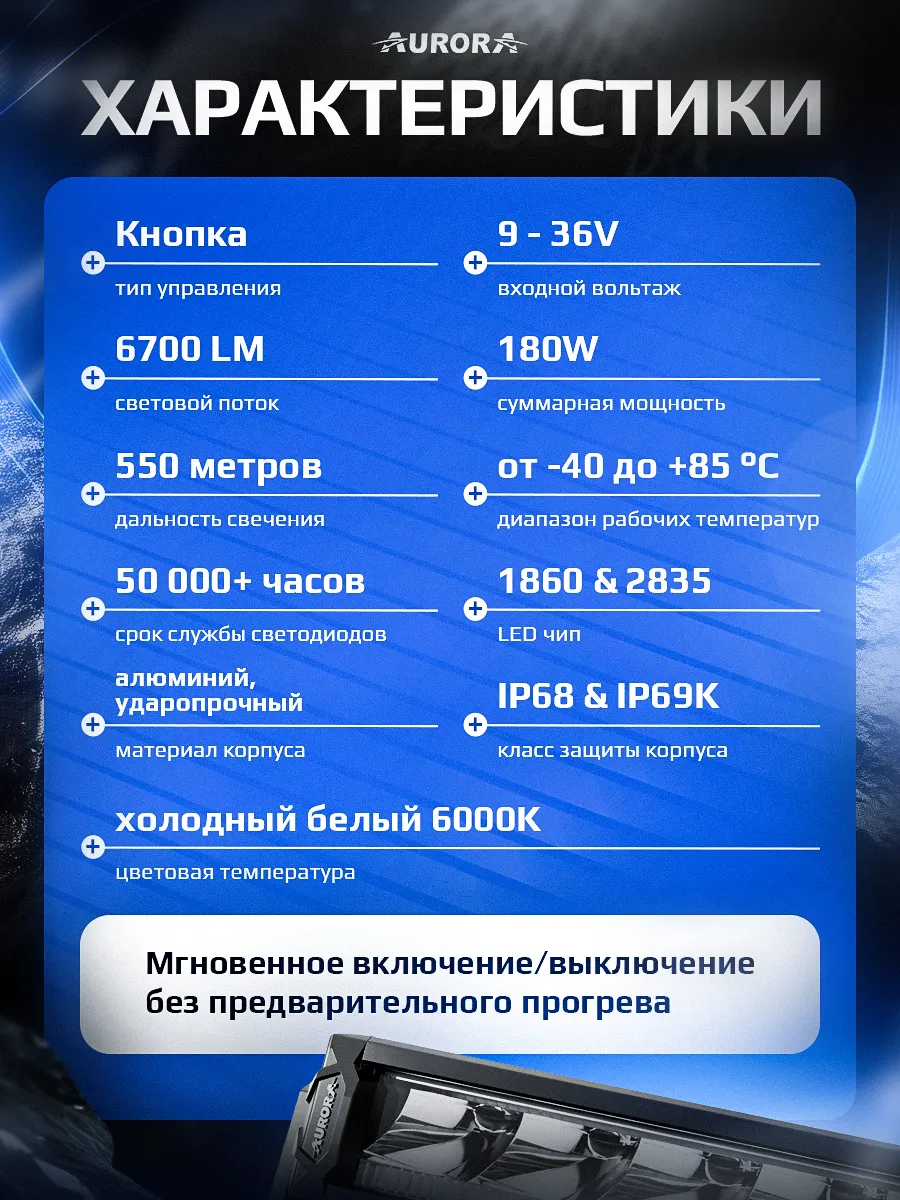 СВЕТОДИОДНАЯ БАЛКА 20" ДАЛЬНЕГО СВЕТА AURORA S10 ДХО Б/Ж